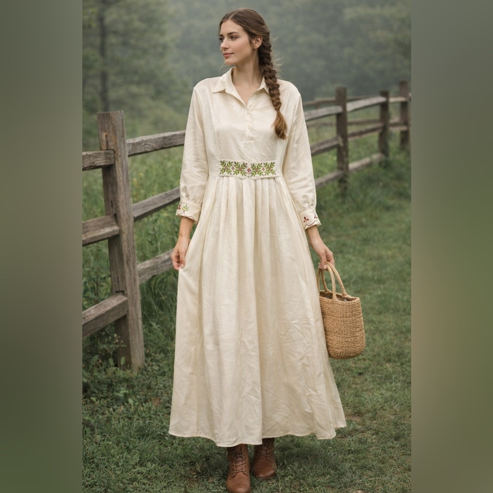 Cortigiani Embroidered Modest Maxi Dress Cream Satin Long Sleeve Size L